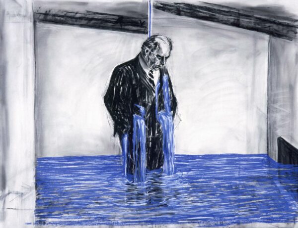 A still image from a video by William Kentridge featuring a charcoal and pastel drawing of a business man standing in a pool of water.