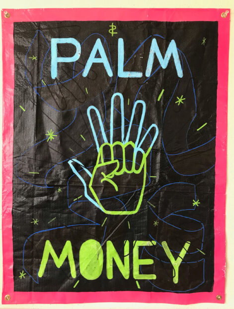 Painting of the words Palm Money with a hand in the center