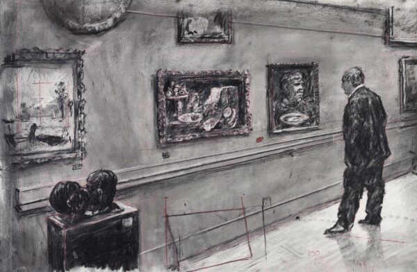 A still image of a charcoal drawing of a man looking at art in a gallery.