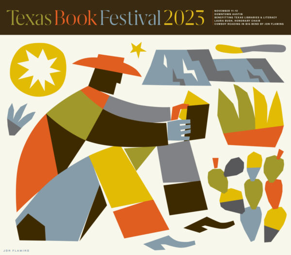 A designed graphic featuring an abstracted cowboy figure reading a book in the desert. Artwork by Jon Flaming.