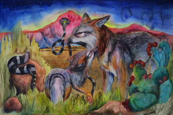 Painting of two wolves and a snake
