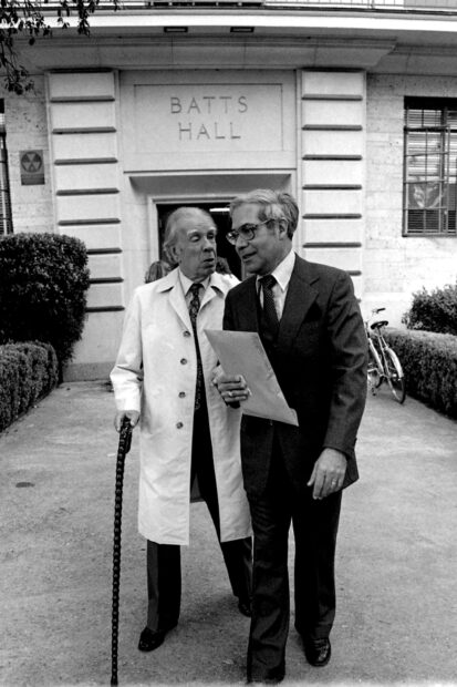 A black and white photograph of Jorge Luis Borges with Dr. Miguel Gonzalez-Gerth at the University of Texas in Austin.