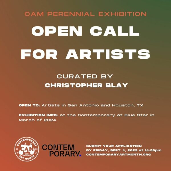 A designed graphic promoting an open call for artists for the 2024 CAM Perennial Exhibition.
