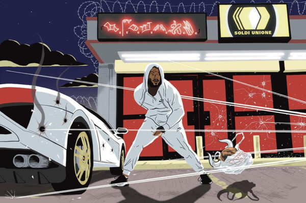 A digital image of a man wearing a white sweatsuit and dodging bullets outside of a store.