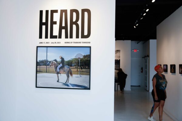 Image of visitors in a gallery and a title wall with a cowboy on a horse