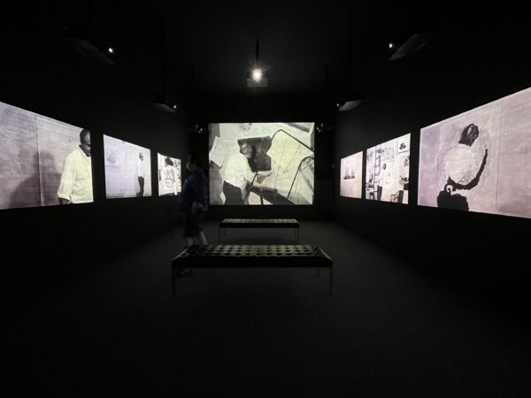 An installation image of a multi-screen video installation by William Kentridge.