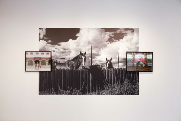 Installation view of cowboys in an arena and two horses over a fence in a field