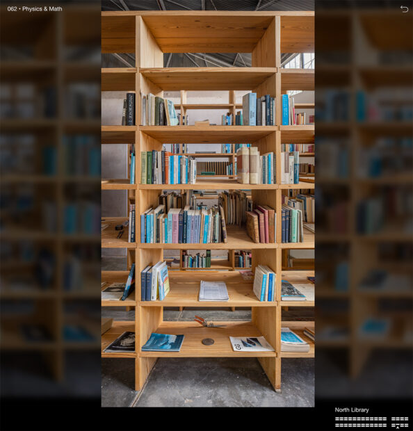 A screenshot of a photograph of a bookshelf in the Judd Foundation library in Marfa, Texas.