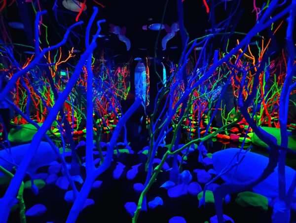 A photograph of an interior space designed to resemble a forest lit by black lights.