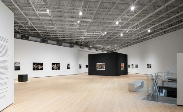 Installation view of photos on white walls and a cube painted black with color photos