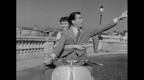 A still from the black and white film "Roman Holiday."