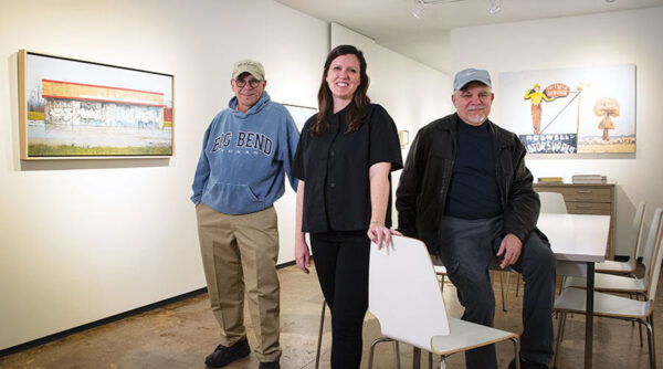 A photograph of Margery Gossett and Daniel and Dennis Blagg at Artspace111.