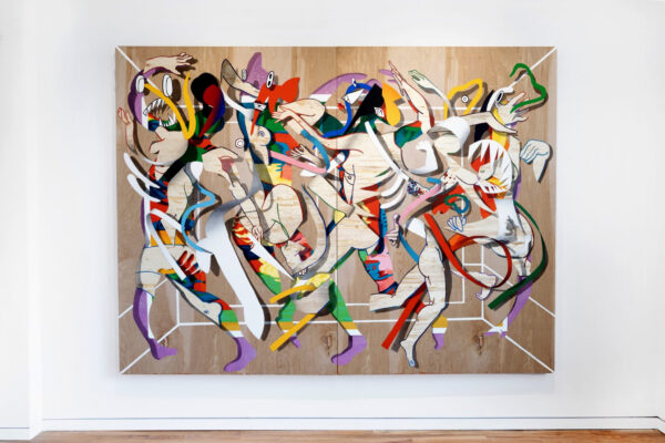 A large abstract figurative painted and hand-carved relief on panel by artist Diego Rodriguez-Warner.