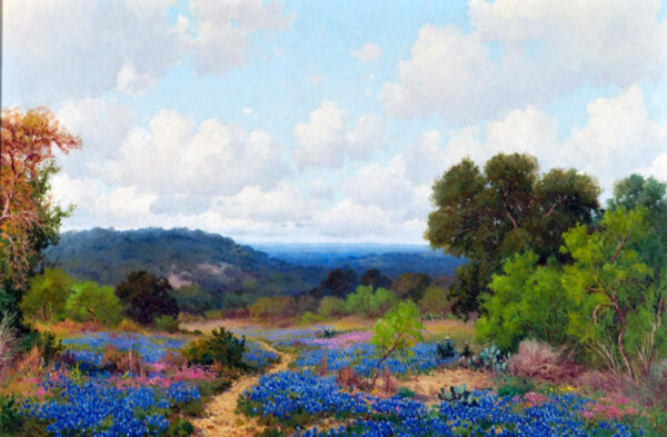 A painting of a field of bluebonnets. 