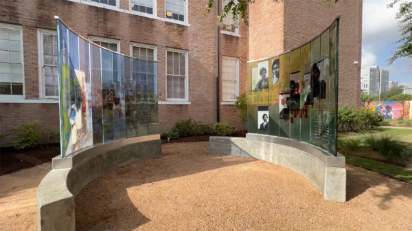 A photograph of an outdoor public art sculpture by Jamal Cyrus and Charisse Pearlina Weston.