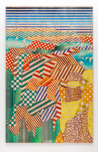 A large-scale mixed media work by Zeke Williams featuring an abstracted and patterned landscape.