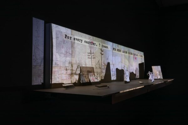 A photograph of a projected video work by William Kentridge.