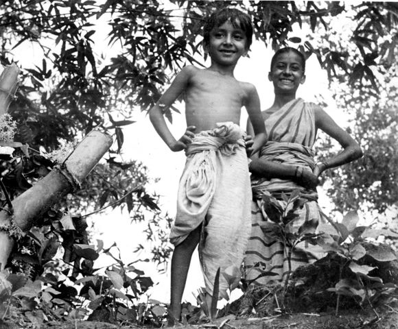 A still image from the black and white film "Pather Panchali."
