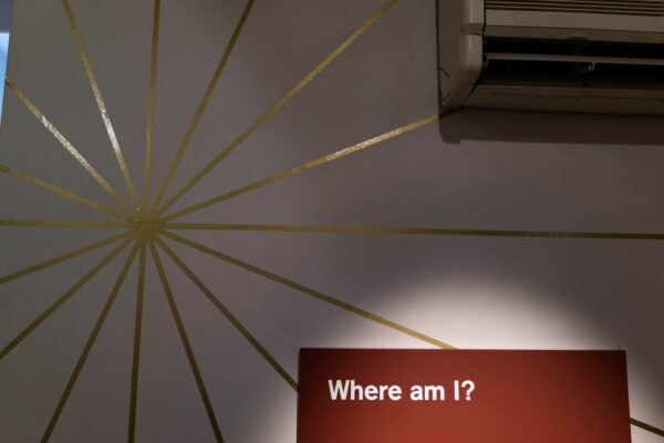 Photo of a museum wall with the words "Where am I?"