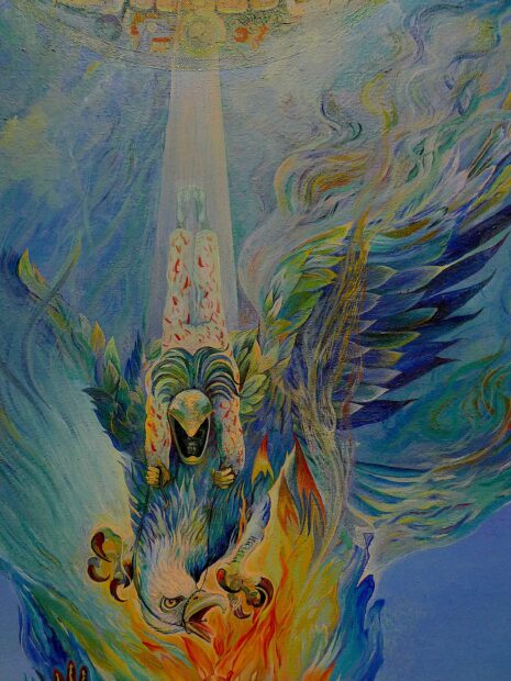 Detail of a painting of an eagle beaming out of fire