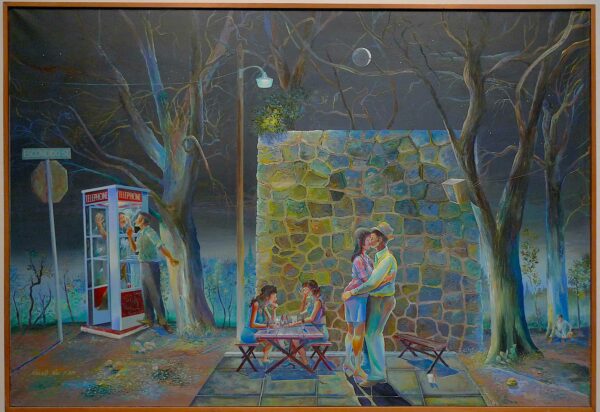 Painting of a nighttime scene with two peoplel kissing, two women at a table an d a man in a phone booth