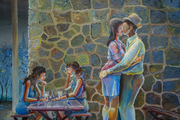 Detail of a painting showing a couple dancing and two women at a picnic table