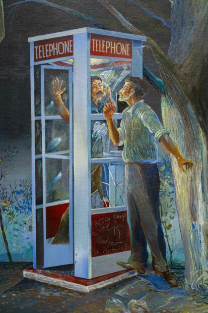 Detail of a painting of two men at a phone booth