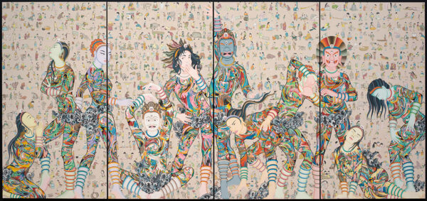 A large mixed media work by Tsherin Sherpa featuring 11 figures in various poses in front of background filled with very small figures.