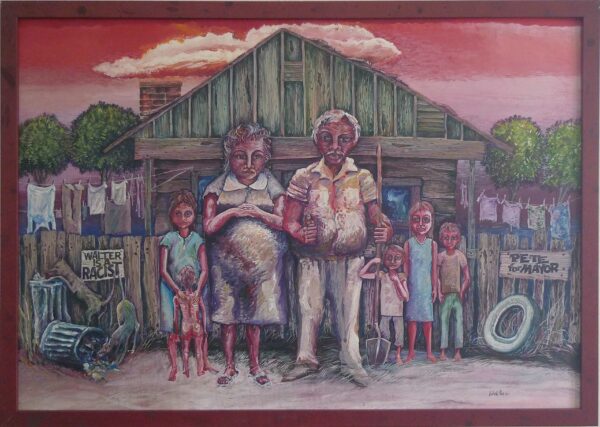 Painting of a chicano family in front of a house