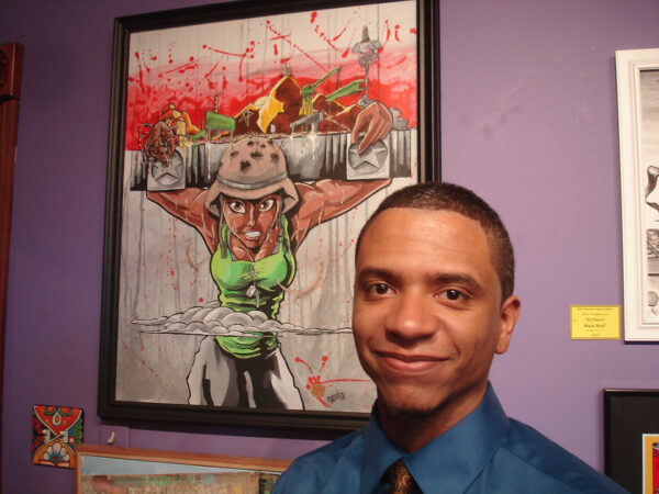 A photograph of Ronnie Dukes standing next to one of his paintings, which would later inspire the cover of "A.W.O.L.: Cruz Ochoa."