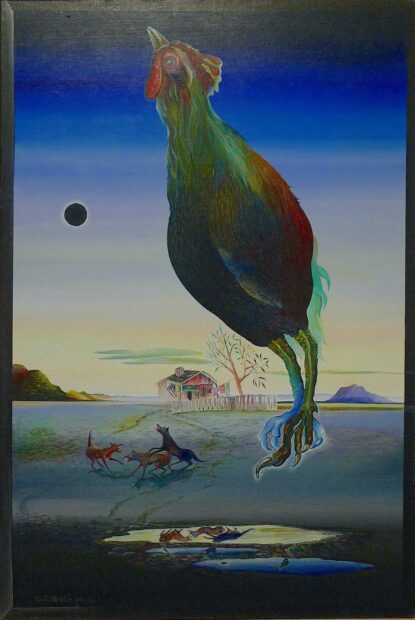 Surrealist painting of a sleeping chicken floating