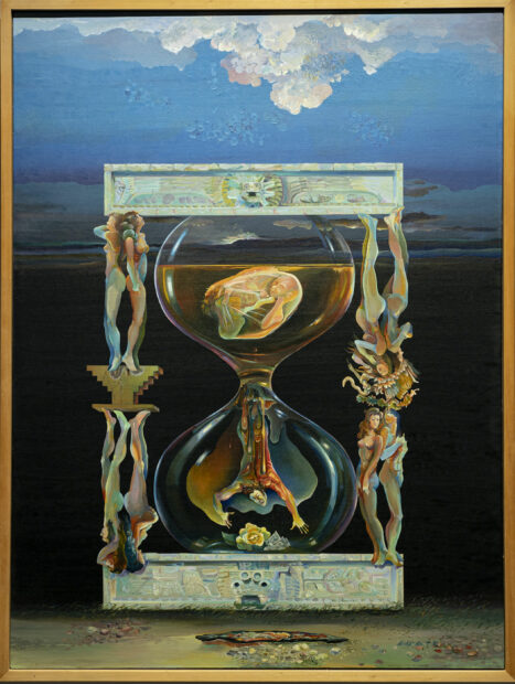 Surrealist image of figures in an hour glass