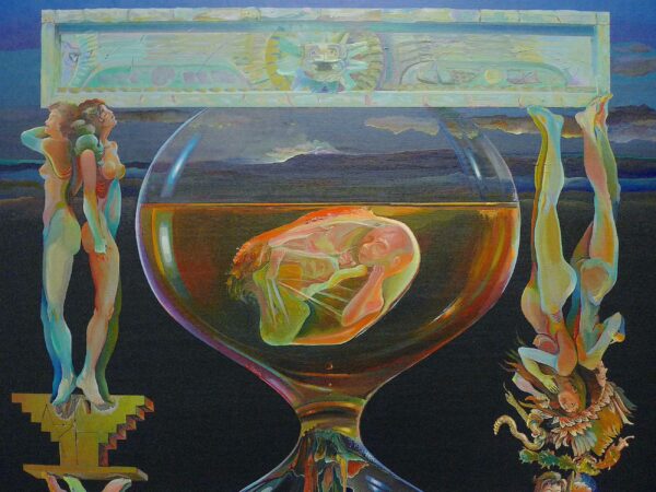 Detail of a fetus floating in an hour glass
