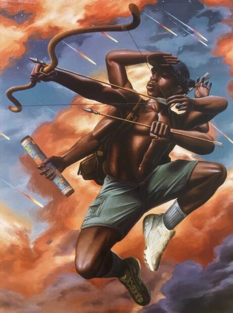 A painting by Assandre Jean-Baptiste featuring a god-like Black male figure jumping in the air and firing arrows with three sets of arms.