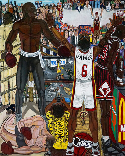 A painting by El Franco Lee, II, featuring an array of images of people including boxers, basketball players, a video gamer, and a crowd of people in the background.