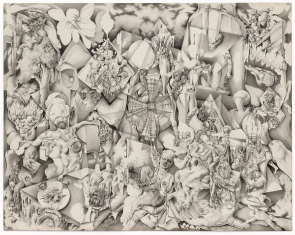 Detailed drawing of a surreal landscape of bodies in space