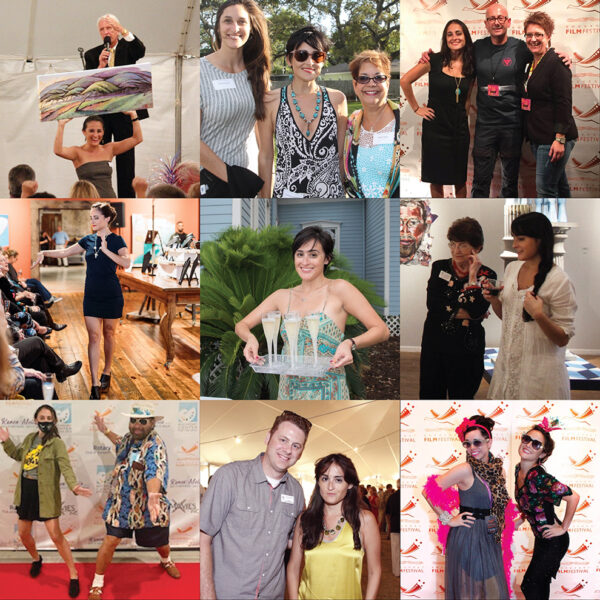 A grid of photographs of curator Elena Rodriguez at various events at the Rockport Center for the Arts.