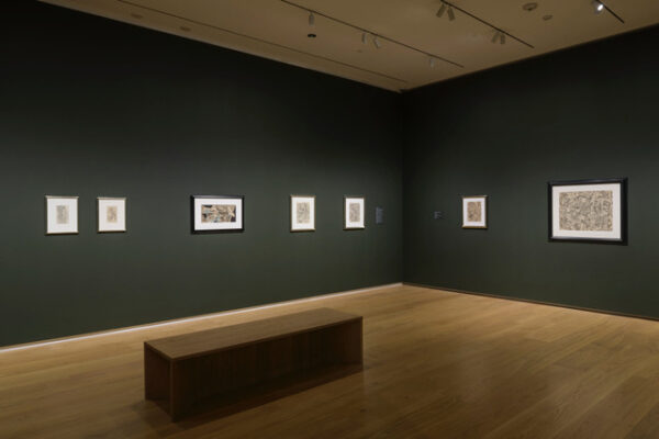 Installation view of framed drawings on a dark wall