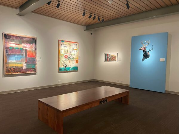 Installation view of paintings on a white wall and a deer head on a blue wall