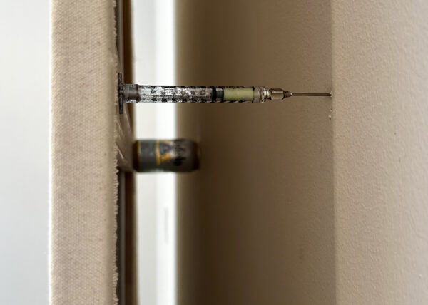 Detail of a work being suspended by a syringe