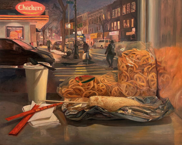Audrey Rodriguez, "Feed the Hustle," 2022, Oil on linen, 24 x 30 inches. Photo courtesy of McLennon Pen & Co. Gallery.
