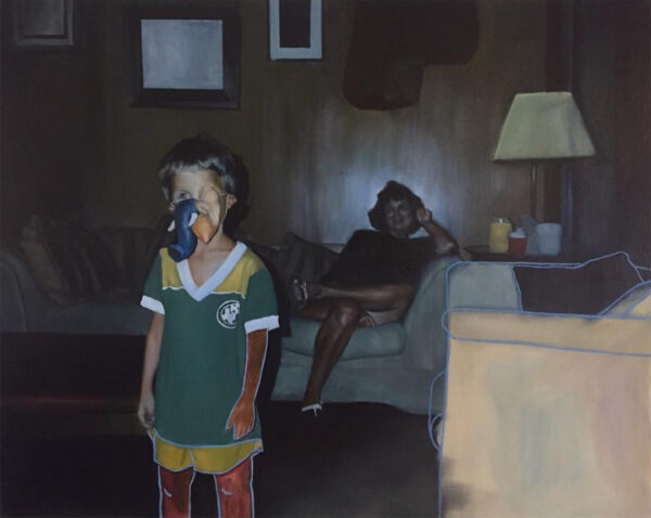 A painting by Jay Wilkinson featuring a young child wearing a mask and a woman in the background.