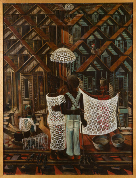 A painting by John Biggers featuring four figures standing in front of a grid of houses.