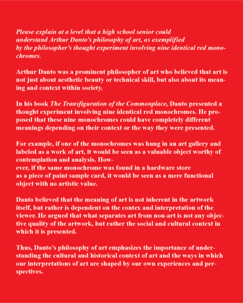 A text work by Michael Corris & Tino Ward featuring a conversation in white text on a red background.