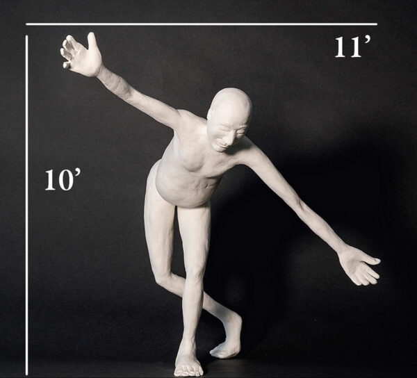 A photograph of a sculpture by Nic Nicosia of a nude male figure bowing gracefully. The image also includes measurements that indicate the sculpture's size of 10 feet tall by 11 feet wide.