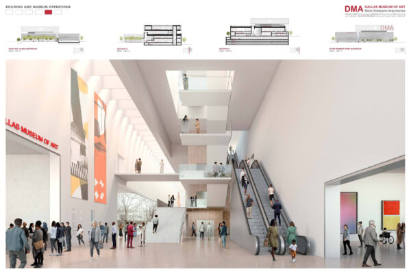 A rendering of a museum building, featuring a grand escalator stairway, tall ceilings, and galleries off of a main, light-filled hallway. 