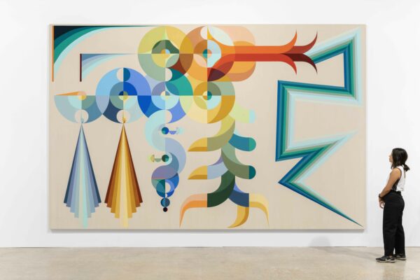 Large scale abstract painting with geometric and organic shapes