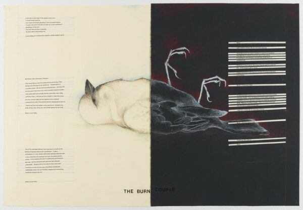 A mixed media work by Terry Allen featuring a drawing of a dead bird across two pages of paper with small text on each page.