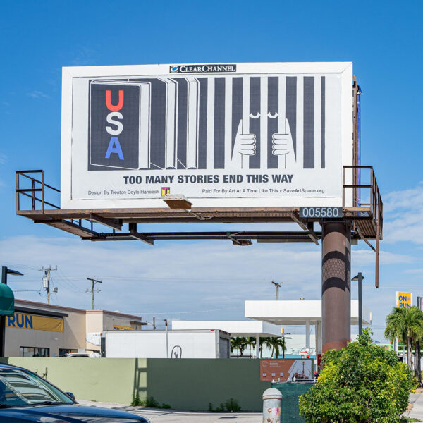 A photograph of a billboard designed by artist Trenton Doyle Hancock.