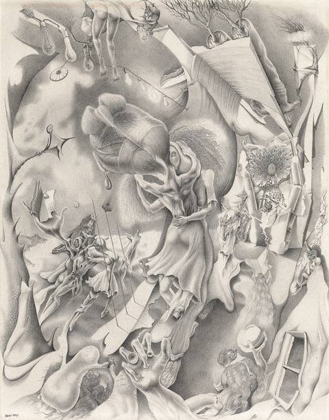 detail of a drawing of two people dancing and morphine into foliage